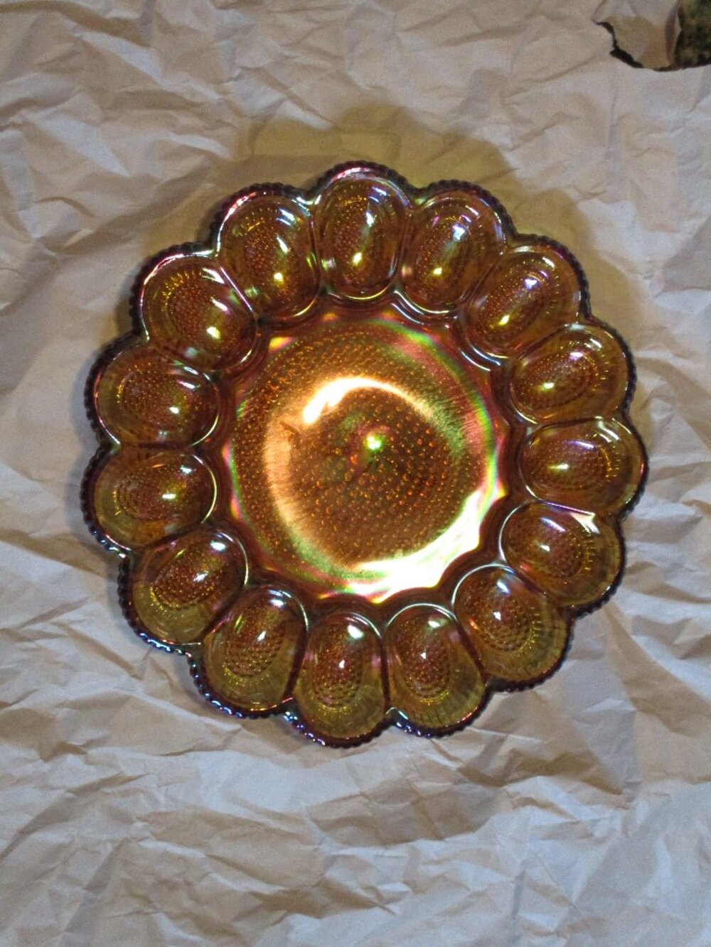 Indiana Glass Hobnail Deviled Egg Plate Iridescent Gold Carnival Amber 11"